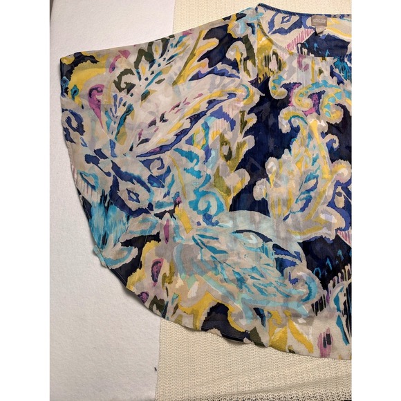 Chico's Women's Batwing Blouse Silk‎ Sheer Top Abstract Print Blue Yellow L/XL - Picture 6 of 6